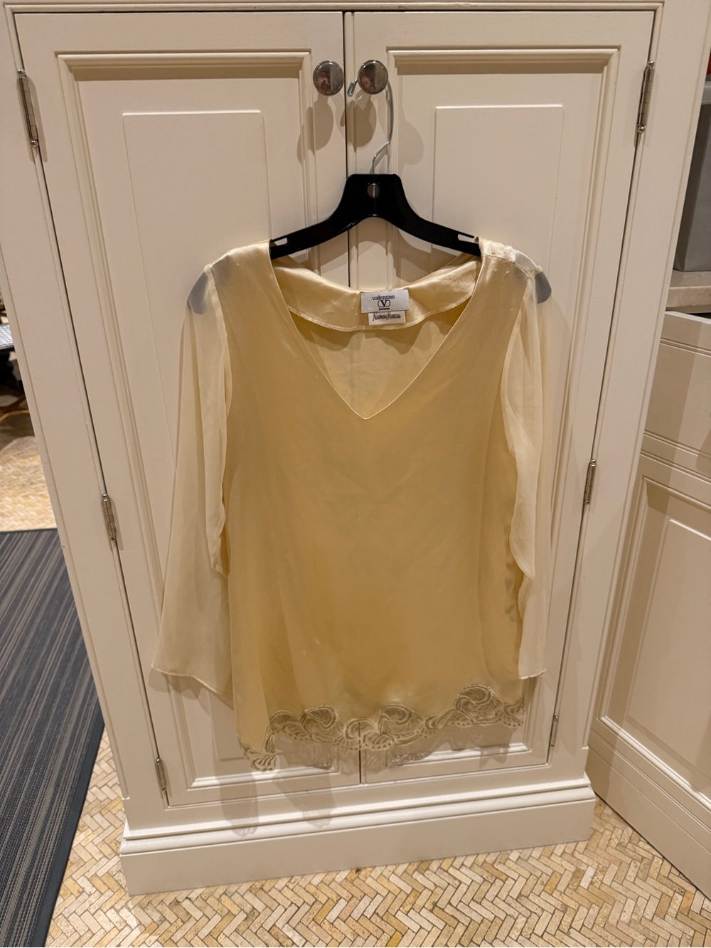 Valentino Cream V-Neck Sheer Sleeve Blouse